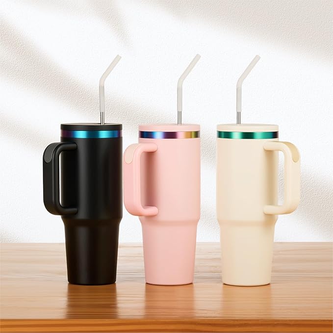 OMTech 40 oz. Tumblers with Handle & Lid, 12 Pack Tumbler Bulk with Double Wall Vacuum Insulation, Food-Grade Stainless Steel Insulated Coffee Mug, Sweatproof Travel Mug for Hot Cold Drinks, Black