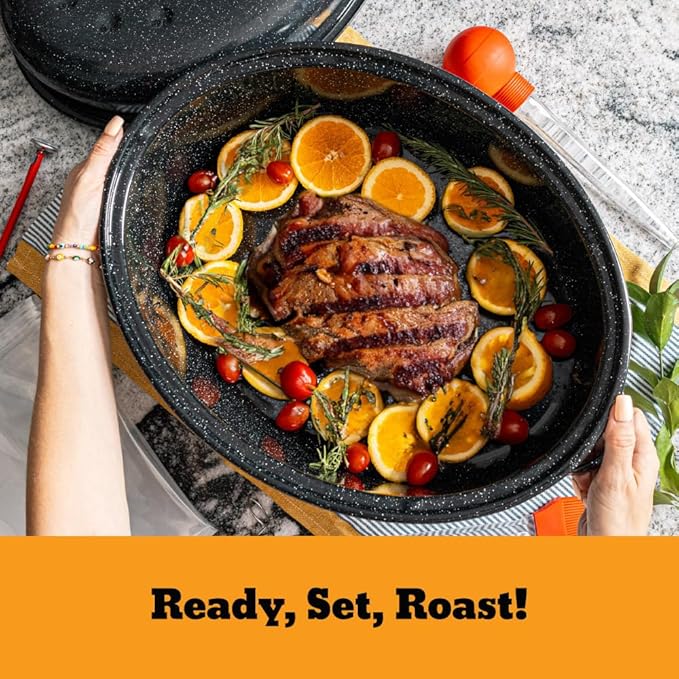 Granite Ware 19 in Oval Roaster Set (10pcs), includes Lid, Rack, 2 pack brining bags, oven/grill-safe meat Thermometer, Turkey Baster with silicone bulb, and a small brush.