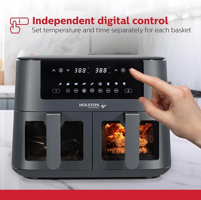 Holstein Housewares 8.4 QT Dual Basket Digital Air Fryer with LED touchscreen – Family Size Viewing Windows, Air Technology for Less Oil Use, Fry, Bake, Grill Roast, 8-in-1 Appliance