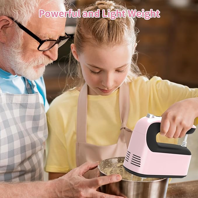9-Speed Digital Hand Mixer Electric, 400W Powerful DC Motor, Baking Mixer Handheld with Snap-On Storage Case, 5 Stainless Steel Accessories, Flat Beaters, Dough Hooks, Whisk (Pink&Black)
