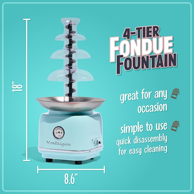 Nostalgia 4 Tier Electric Chocolate Fondue Fountain Machine for Parties - Melts Cheese, Queso, Candy, and Liqueur - Dip Strawberries, Apple Wedges, Vegetables, and More - 32-Ounce - Aqua