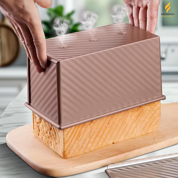 1lb+1lb set Nonstick Pullman Loaf Pan With Lid For Homemade Bread Carbon Steel Sandwich Bread Baking Mold With Sliding Lid Durable Toast Box For Square Loaf Shokupan Soft Milk Bread & Gift Box