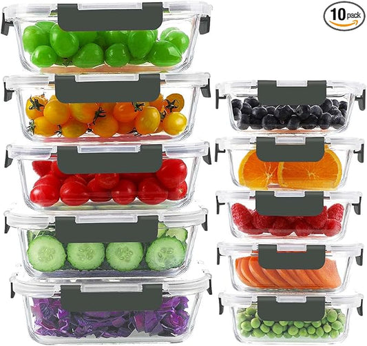 KAMOTA Glass Food Storage Containers, 10 Pack Glass Meal Prep Containers, Airtight Containers with Snap-Lock Lids, 34 oz and 13 oz gray Container Set with Lids, for Microwave/Oven/Freezer/Dishwasher