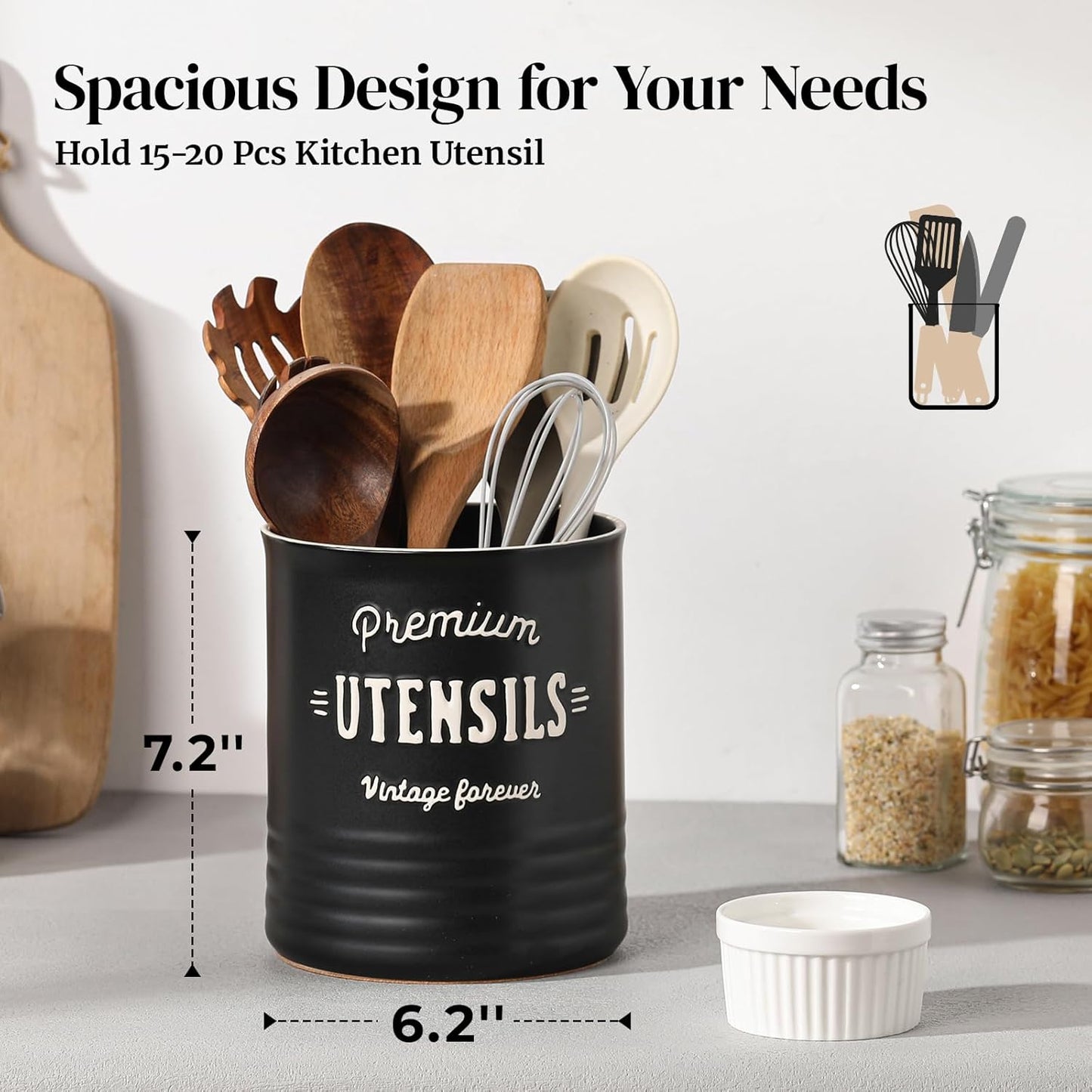 DOWAN 7.2″ Extra Large Utensil Holder, Farmhouse Utensil Holder for Kitchen Counter, Ceramic Utensil Crock with Protection Cork Mat, Utensil Storage for Kitchen Decor & Housewarming Gift, Matte Black