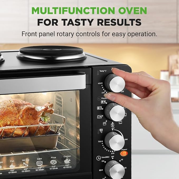 NutriChef 30 Quart Kitchen Convection Oven & 2 Burner Cooker - 1500 Watt Oven - 7 Cook Functions Rotisserie, Cook, Bake, Broil & More - Includes Baking Tray, Skewers & Handles - 19.6 x 16.0 x 13.5 IN