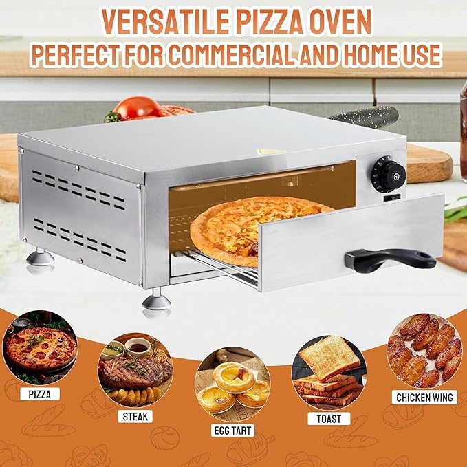 ROVSUN Electric Pizza Oven, 110V 1100W Stainless Steel Pizza Baker with Auto Shut-off, Handle, Removable Crumb Tray, Countertop Pizza Maker for Kitchen Commercial Home-Silver