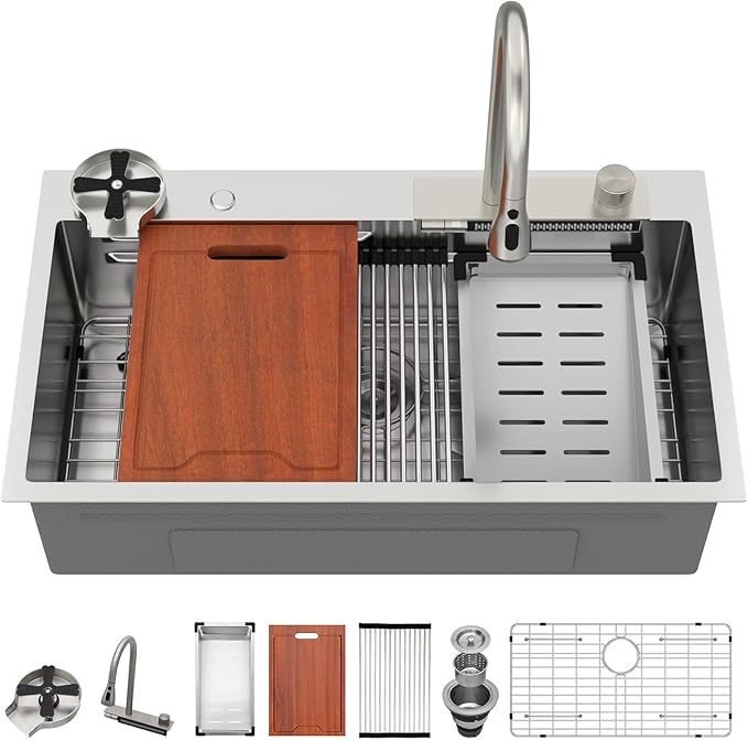 Lordear Waterfall Kitchen Sink 33x19 Inch Drop In Kitchen Sink T304 16 Gauge Stainless Steel Single Bowl Ledge Worktation Kitchen Sinks Handmade Deep Basin, 33"x19"x9"
