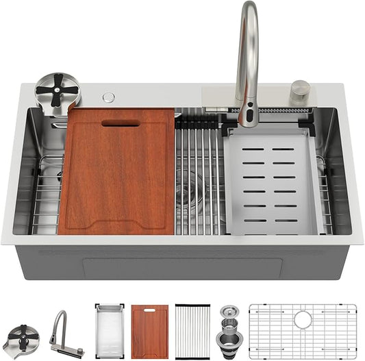Lordear Waterfall Kitchen Sink 33x19 Inch Drop In Kitchen Sink T304 16 Gauge Stainless Steel Single Bowl Ledge Worktation Kitchen Sinks Handmade Deep Basin, 33"x19"x9"