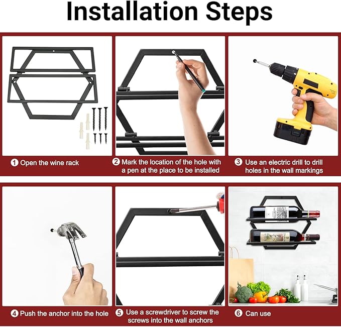 Wall Mounted Wine Bottle Rack, Black Metal Hanging Wine Display Holder Organizer, Red Wine Racks for Home Kitchen Bar Decor Storage (A)