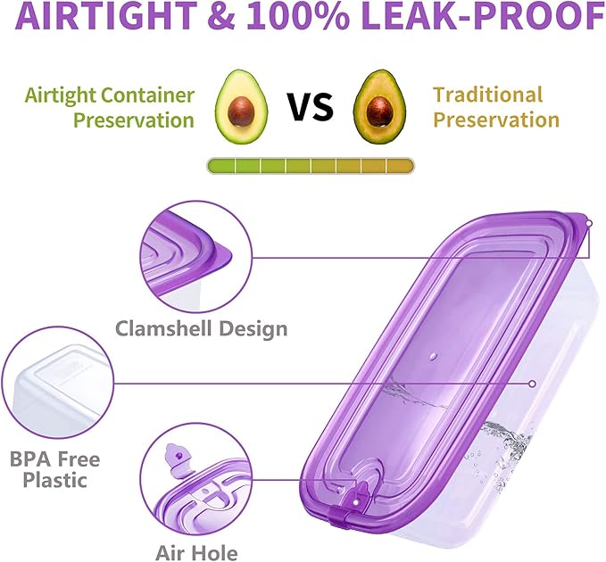 KIGI 6 PACK 35OZ Plastic Food Storage Containers with Lids Airtight Square Meal Prep Containers,Microwave,Freeze,Dishwasher Safe