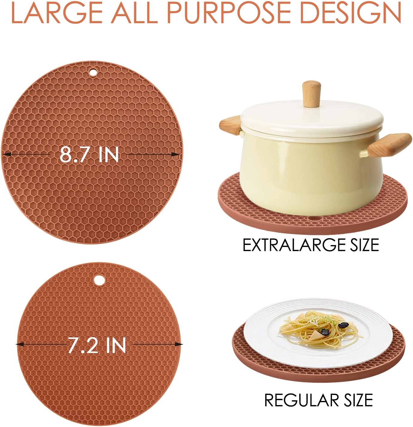 Silicone Trivets for Hot Dishs, 7 Inch & 9 Inch Heat Resistant Silicone Hot Pads Pot Holders for Kitchen Counter, Flexible Round Trivet Mats, Potholders(Coffee)