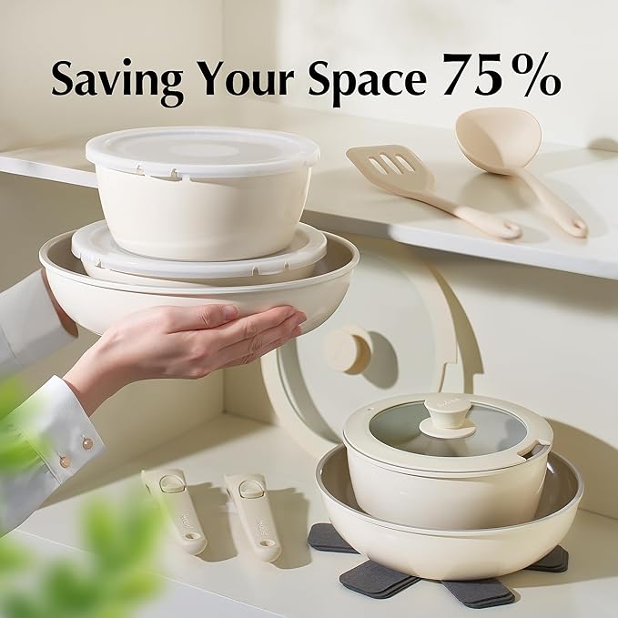 Redchef Pans and Pots Set Nonstick, Ceramic Cookware Set with Detachable Handles, Healthy,Non Toxic, Kitchen Cookware Sets16Pcs, Induction RV Kitchen Set, PFAS PFOA & PTFE Free, Beige White