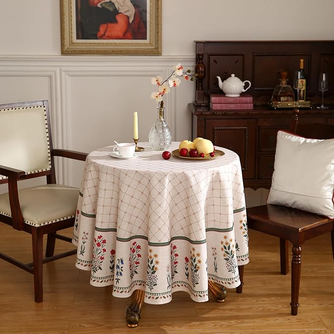 Floral Tablecloth for Round Tables,Linen Table Cloth with Colorful Flowers Pattern,Heavy Durable Table Cover for Dining Thanksgiving Kitchen Decor Party Christmas,Diameter 55"