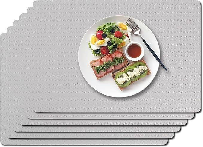 Vinyl Placemats Set of 6-12×17.7 Inch Waterproof & Heattable Placemats, Fall Faux Leather Wipeable Outdoor Table Mat for Dining, Kitchen, Indoor Outdoor Use (Grayish White, Cable Pattern)