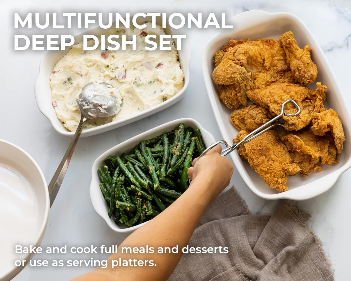 Saffron & Sage Casserole Dish Set of 3 - Baking Dishes for Oven, Contemporary White Ceramic Baking Dish Set, Heavy Duty Bakeware, Up to 500° High Heat Resistant, Dishwasher, Freezer and Food Safe