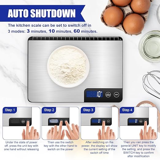 Large Food Scale Digital 15kg, Kitchen Scales with Customized Auto Shut Off Time Setting 3, 10 & 60 Mins, Weight Balance with 1g Accuracy and LCD Display, Grams and Oz for Home Use