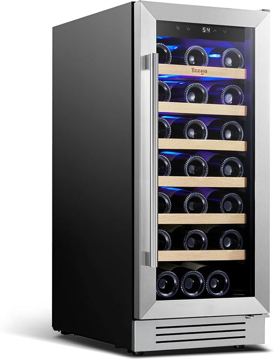 Yeego Wine Fridge - 15 inch 33 Bottles 40-65℉ Temperature Touch Control, Built-In/Under Counter/Freestanding Wine Cooler Refrigerator with Glass Door, Perfect for Bar, Home, Kitchen Cabinet, Office