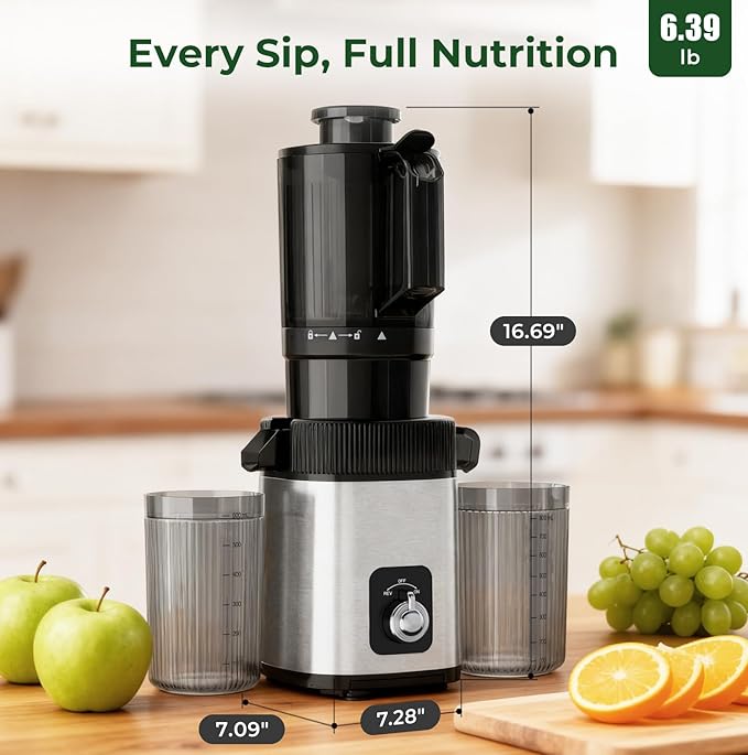Cold Press Juicer Machine, 4.4" Wide Feed Chute, Slow Masticating Juicer for Whole Vegetables & Fruits, High Juice Yield, Easy to Clean & Assemble, One-Touch Knob Control