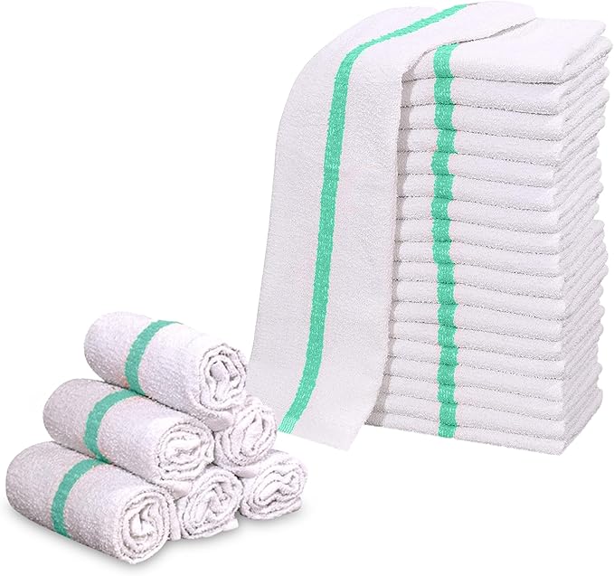 GOLD TEXTILES New Cotton Blend White Restaurant Bar Mops Kitchen Towels (36, Green Stripe)