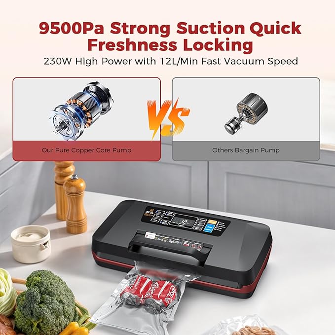 95kPa Vacuum Sealer Machine,Commercial Fully Automatic Food Sealer,10-in-1 Functions & Powerful Sealing System with Double Heat Seal,Easy-Lock Handle,Built-in cutter, 10 Pre-cut Bags1, Bag Rolls