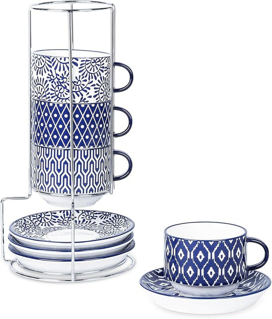 Selamica Ceramic Cappuccino Cups with Saucers and Metal Stand, 8 OZ Stackable Espresso Coffee Cups for Coffee, Latte, Americano, Tea, Set of 4, Vintage Blue