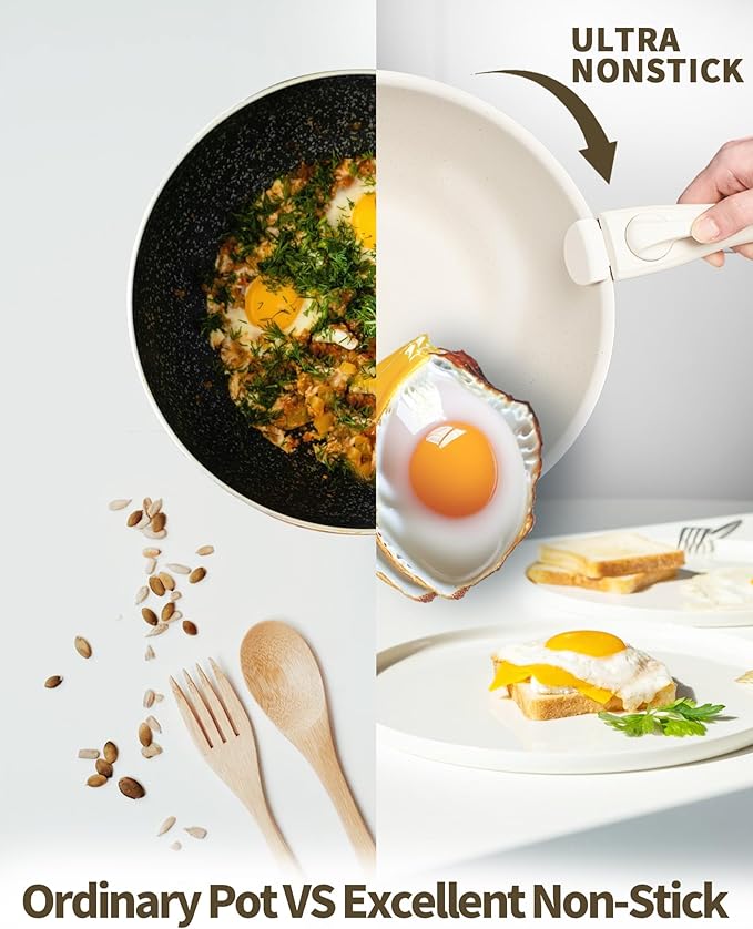 22Pcs Non Stick Pots and Pans Set | Ceramic Cookware Set with Detachable Handle | PFAS-Free, Oven & Induction Safe (White)