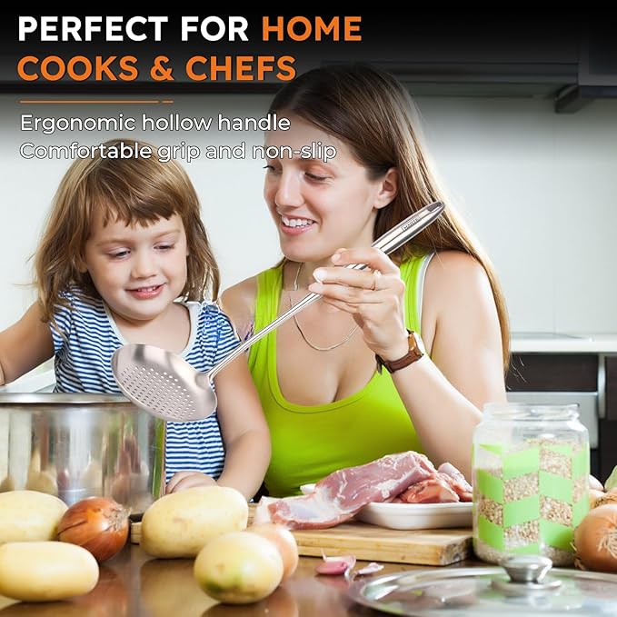 MARTE 17'' Skimmer Slotted Spoon - 304 Stainless Steel Skimmer Ladle Spider Strainer Spoon for Cooking and Frying - Long Pasta Strainer Tools Frying Spoon Kitchen Cooking Utensils Colander Spoon