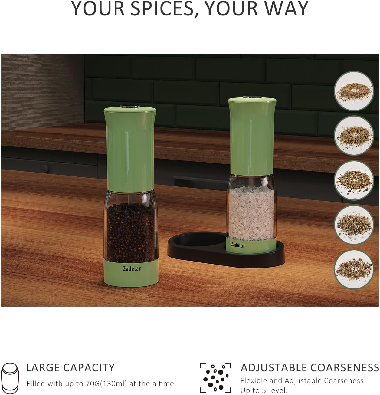 Electric Salt and Pepper Grinder Set with LED Power Display,Larger Capacity Salt and Pepper Shakers Set Rechargeable Electric with Flexible Coarsenes,LED Light,One Hand Operation for Kitchen(Green)