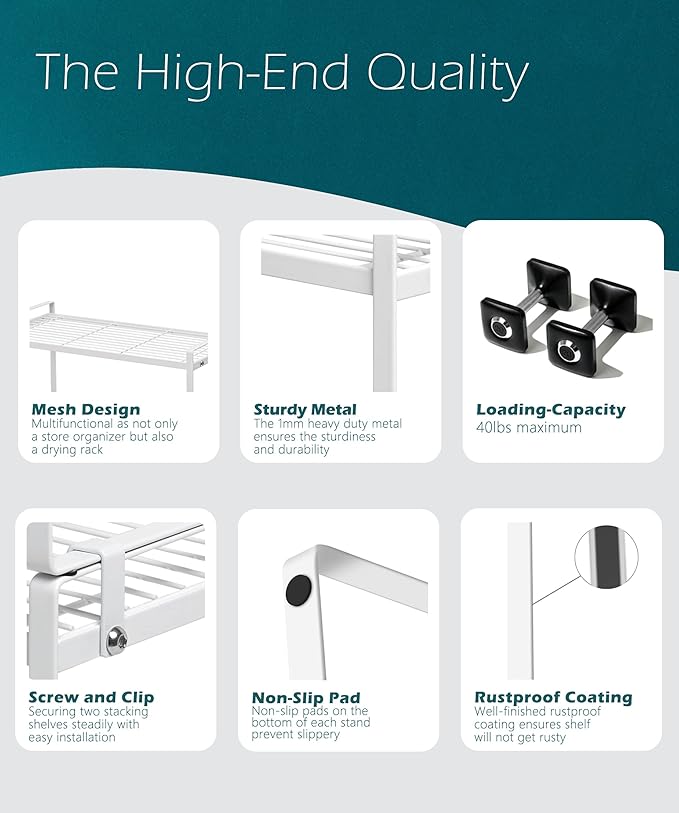 2Pack Kitchen Cabinet Shelf Counter Organizer Rack Pantry Storage Bathroom Bedroom Office Table Desk Space Saving Stackable Rust Resistant Non Slip White Tall Wide L16.1in W10.6in H9.5in