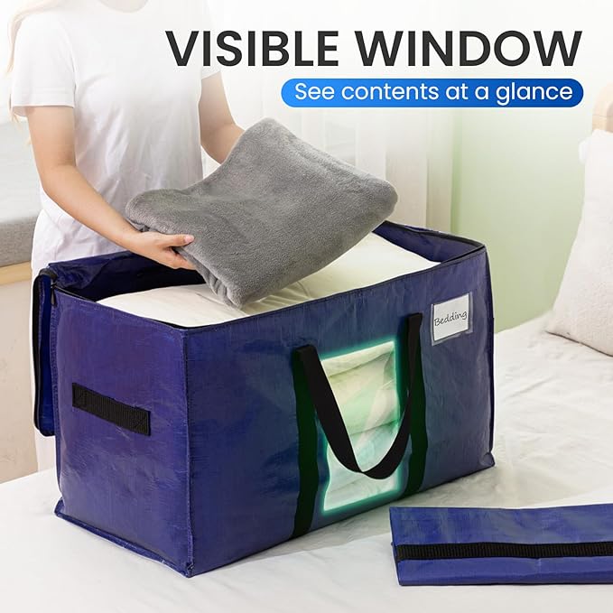 TAILI 4 Pack Dark Blue Extra Large Moving Bags, Heavy Duty Totes with Visible Window, Wrap Around Handles, Great for Storage