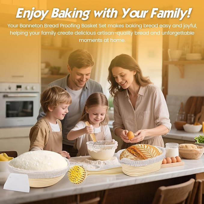 Banneton Bread Proofing Basket Set - Sourdough Starter Kit with 10" Round & 9" Oval Baskets, Linen Liners, Dough Whisk & Sourdough Bread Baking Supplies for Artisan Bread Making