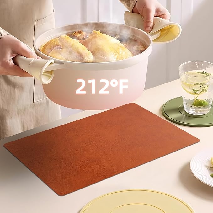 Vinyl Placemats Set of 6-12×17.7 Inch Waterproof & Heattable Placemats, Fall Faux Leather Wipeable Outdoor Table Mat for Dining, Kitchen, Indoor Outdoor Use(Camel, Cowhide Grain)