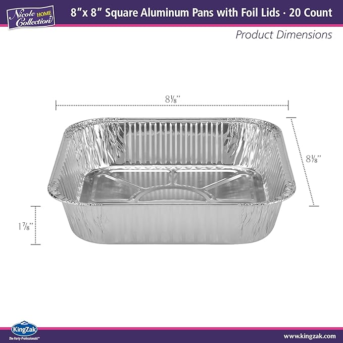 Nicole Home Collection 8x8 Aluminum Pans (20 Pack) 8 Inch Foil Pans - Cake Pans - Aluminum Square Pans - Disposable Food container - great For Cake Baking, Cooking, Heating, Freezing, Prepping Food
