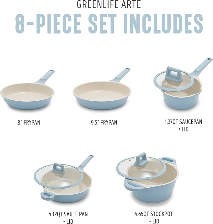 GreenLife 8 Piece Ceramic Nonstick Cookware Set, Induction Suitable Non Toxic PFAS-Free Pots & Pans, Dishwasher Safe, Cooking Set, Stock Pot, Saucepans & Frying Pans, Kitchen Cooking, Light Blue