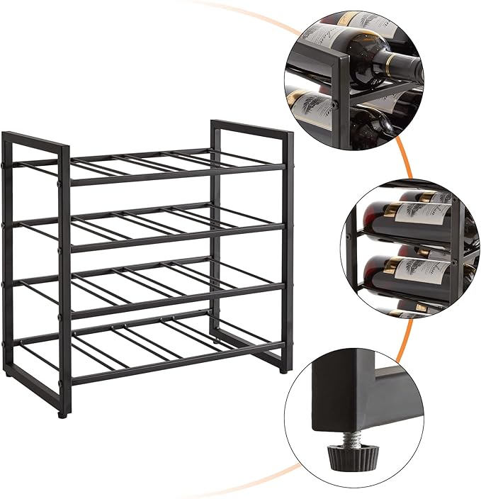 IBUYKE Wine Racks Countertop, 4 Tiers Metal Wine Rack,Wine Rack Freestanding Storage 16 Bottle Capacity, for Home Kitchen, Pantry, Wine Cellar, Bar, Black UTMJ903H
