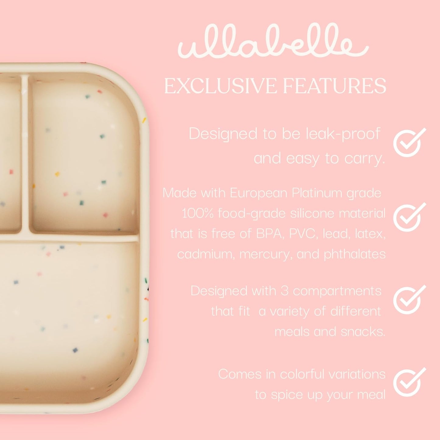 Ullabelle Leak Proof Bento Box Food-Grade Silicone Bento, BPA, Phthalate, Lead, & PVC Free - Bento Lunch Box for Daycare, Kids, & Adults - Leak Resistant Sets With Lids Snack Box Container (Lilac)