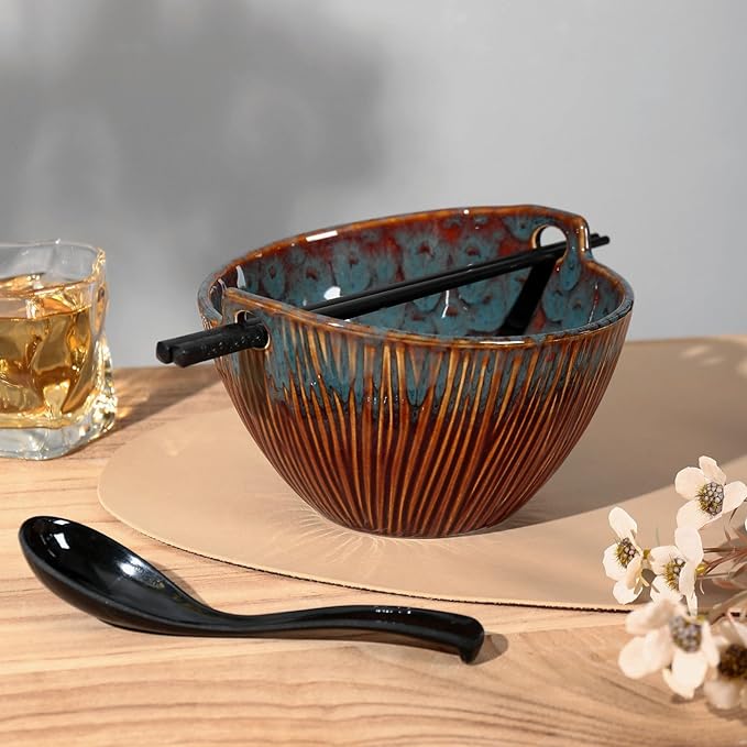 Ceramic Ramen Bowl with Chopsticks,6.7 Inch Noodle Bowls,Pho Bowls and Spoons Set,Japanese Bowl for Pho,Udon,Soba,Noodle,Microwave Safe,Set of 2(Peacock Green)