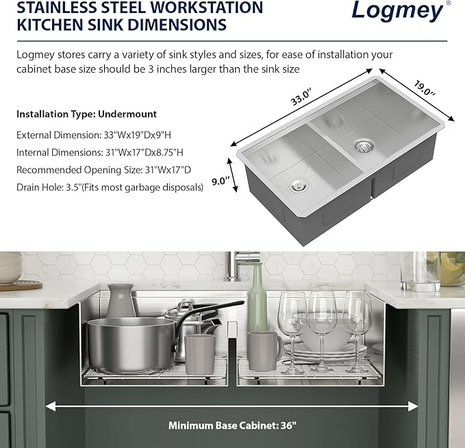 Logmey 33x19x9 Inch Double Bowl Undermount Stainless Steel Workstation Sink - 50/50 Divide, X-Shaped Drainage
