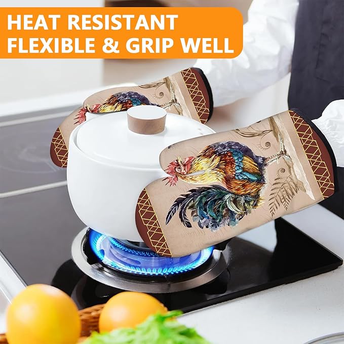 Rooster Oven Mitts and Pot Holders Sets 4Pcs,Extra Long Oven Gloves Potholder for Kitchen Cooking Baking BBQ 100% Cotton Heat Resistant