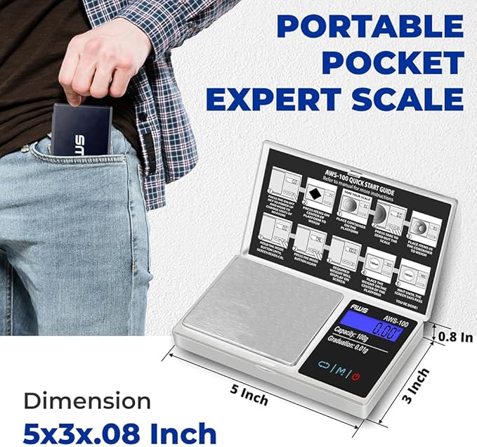 American Weigh Scales Series Digital Pocket Weight Scale Backlit LCD Stainless-Steel Surface 100g x 0.01g, (Silver), AWS-100-SIL