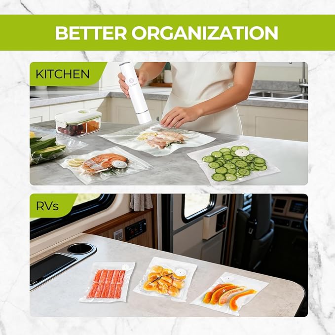 Reusable Vacuum Sealer Bags for Food with Air Valve, 50 Pack BPA‑Free Food Saver Bags Dishwasher‑Safe, Freezer,Microwave, Odor-Resistant, Leak‑proof for Leftovers, Meal Prep, Sous Vide, BBQ