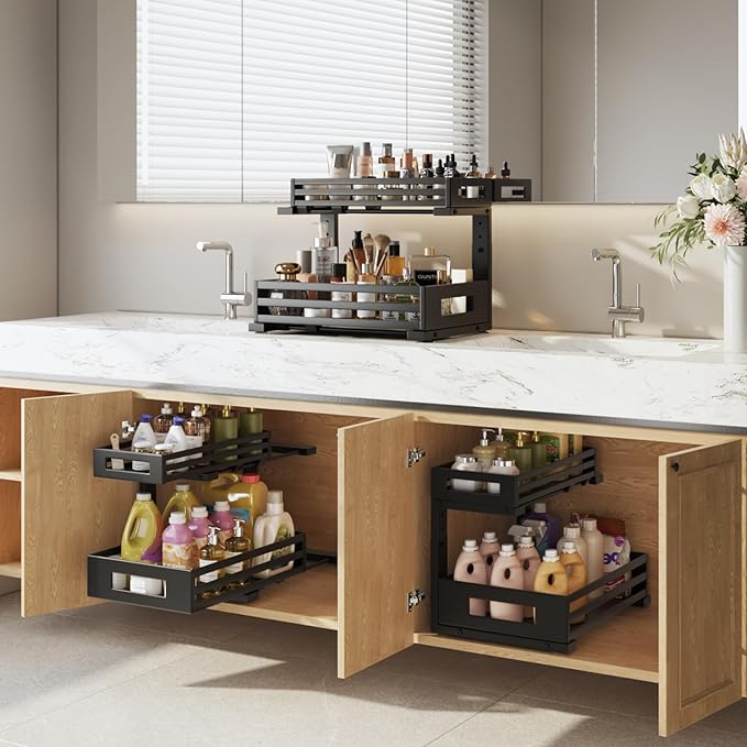 2-Pack Under Sink Organizer and Storage,2-Tier L Shape Pull Out Cabinet Organizer With Round Tube Slide Rails,Hight Adjustable Slide Out Drawers for Kitchen&Bathroom,Multi-Purpose Shelf-Black