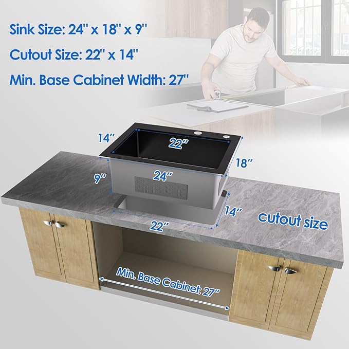 ROVOGO 24x18x9 in. Drop-in Kitchen Sink Black, 304 Stainless Steel Top Mount Handmade Sink Single Bowl with 2 Holes