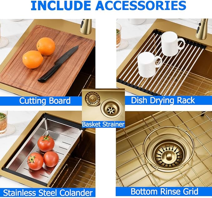 Gold Kitchen Sink, 33x19 Stainless Steel Drop in Kitchen Sink Workstation Single Bowl 16 Gauge Handmade Deep Basin