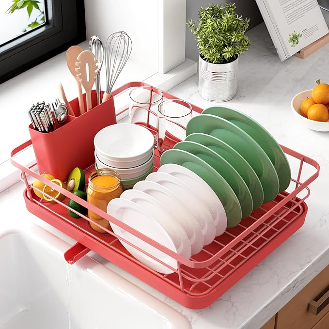 Kitsure Dish Drying Rack for Kitchen Counter, Stainless Steel Sink Organization and Storage Essentials with Cutlery Holder, Home and Appartment Decor, 12''W x 15.5''L, Red