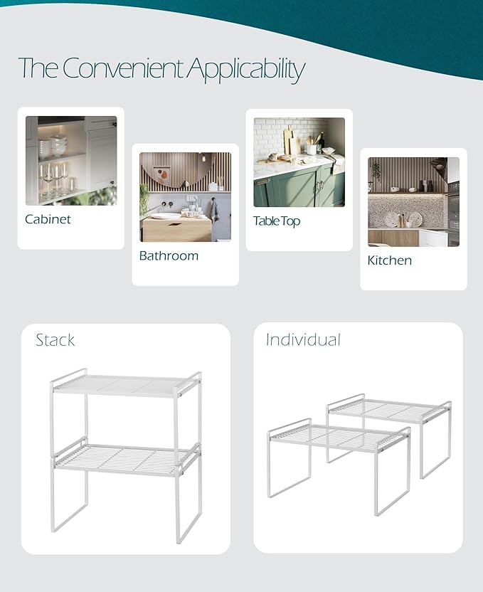 2Pack Kitchen Cabinet Shelf Counter Organizer Rack Pantry Storage Bathroom Bedroom Office Table Desk Space Saving Stackable Rust Resistant Non Slip White Tall Wide L16.1in W10.6in H9.5in