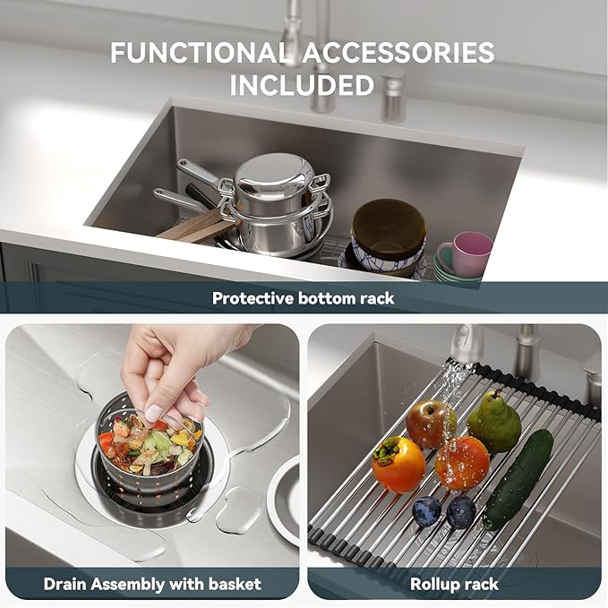 Lordear 28 Kitchen Sink Undermount 16 Gauge Stainless Steel Single Bowl Under Counter Handmade Kitchen Sink Basin, 28"x18"x10"