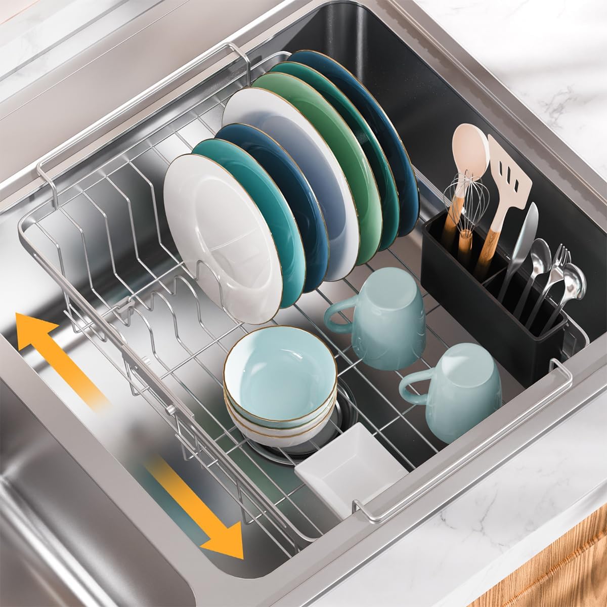 Expandable in Sink Dish Drying Rack, Adjustable Capacity (10.5''-16'') Stainless Steel Over The Sink Dish Drying Rack, Dish Drainer for Kitchen Sink Counter with Utensil Holder