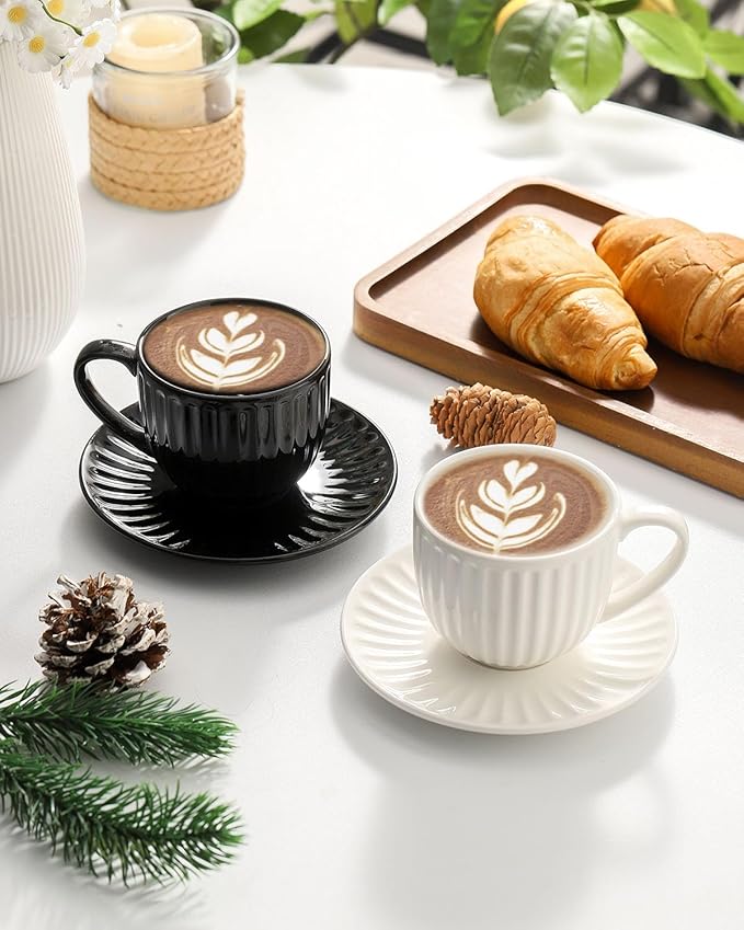 Ceramic Espresso Cups with Saucers 8 Oz,Set of 4 Porcelain Demitasse Cups Set,Small Coffee Cups with Handle for Coffee,Tea,Latte and Macchiato,Cappuccino Mugs for Kitchen and Cafe,White