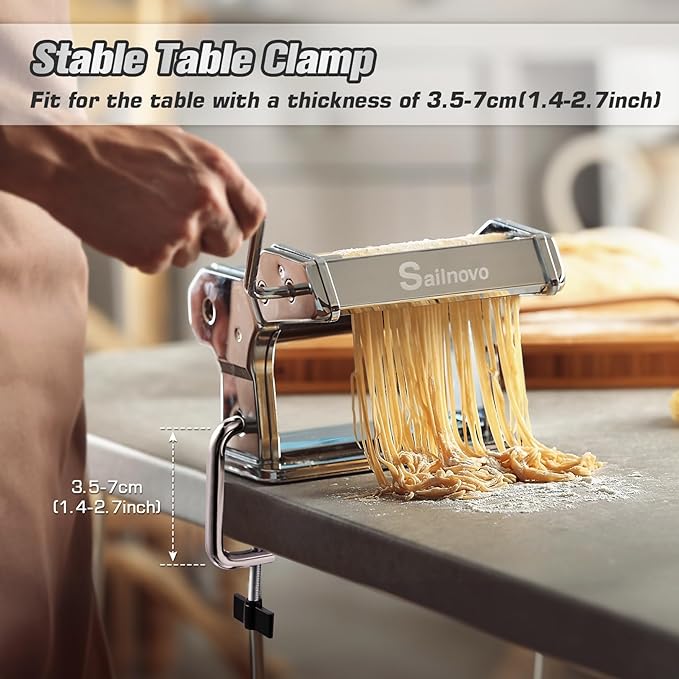 Sailnovo Pasta Maker Machine, 180 Roller Pasta Maker, 9 Adjustable Thickness Settings 2-in-1 Noodles Maker with Rollers and Cutter, Perfect for Spaghetti, Fettuccini, Lasagna or Dumpling Skin Silver